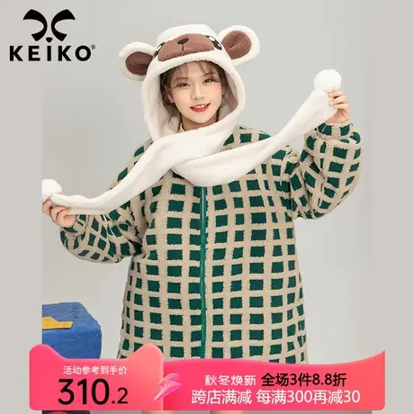 格纹羊羔毛绒外套女夹棉加厚2023冬季可爱卡通连帽棉服大衣商品大图