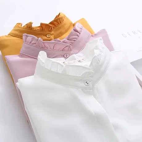 早春新款韩版荷叶花边立领雪纺衬衫女日系小清新学生宽松打底衬衣图片