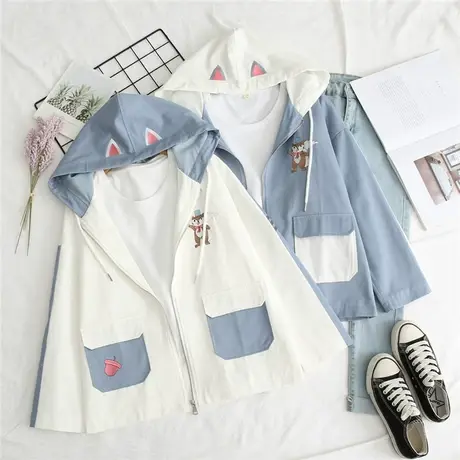 日系森女可爱卡通刺绣连帽外套春装新款少女软萌妹甜美拼色风衣潮图片