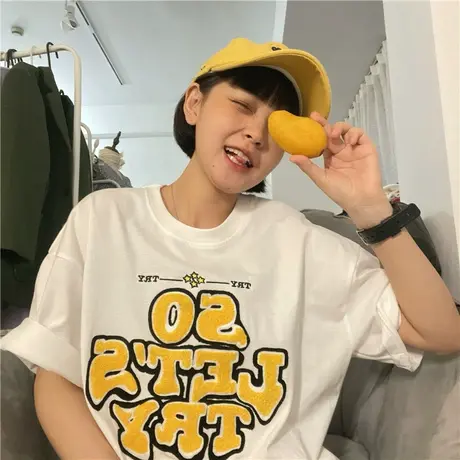 植绒字母刺绣T恤女2023夏季新款设计感小众圆领宽松纯棉短袖上衣图片