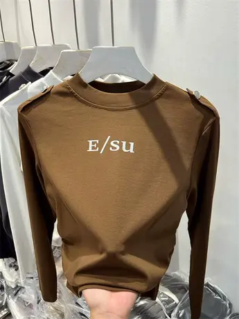 欧货字母针织衫修身褶皱长袖女2023年早秋新款上衣圆领时髦打底衫商品大图