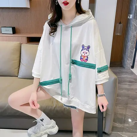 连帽短袖t恤女夏季韩版宽松小众设计感大码女装半袖小个子上衣服商品大图