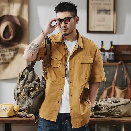 Modi Nick/摩帝尼克夏季日系复古男士衬衫工装短袖宽松休闲衬衣男商品大图