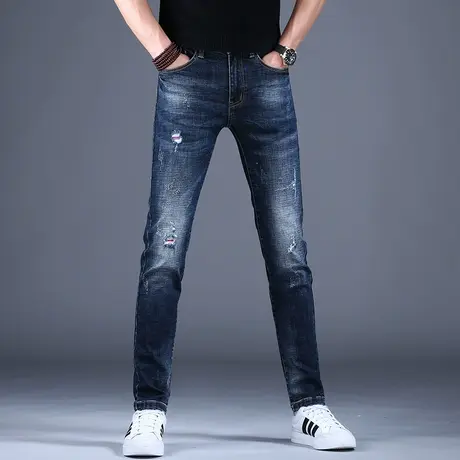 2023新款破洞牛仔裤男修身小脚广州新塘裤子男士春秋男款高端潮牌商品大图