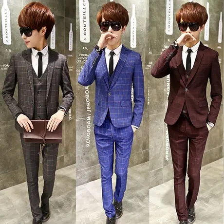 男士小西服套装格子韩版青年学生修身西装三件套婚礼新郎伴郎礼服商品大图