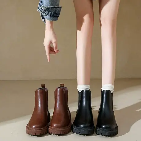 皮面切尔西靴女内增高2023新款秋冬超火烟筒短靴厚底马丁靴女商品大图