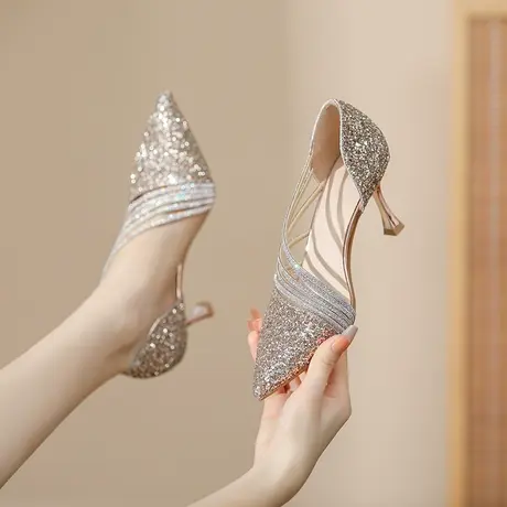 高跟鞋女2023年春秋季新款闪闪发光水钻尖头细跟高跟鞋名媛宴会鞋图片