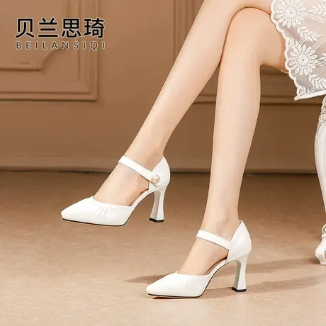 真皮一字带厚底粗跟包头凉鞋女2023春夏季新款防水台高跟鞋图片