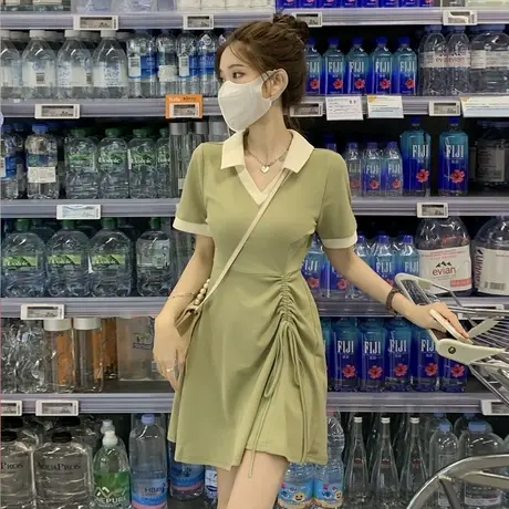 大码女装夏季胖mm抽绳polo领连衣裙韩版收腰显瘦短袖t恤裙子200斤商品大图