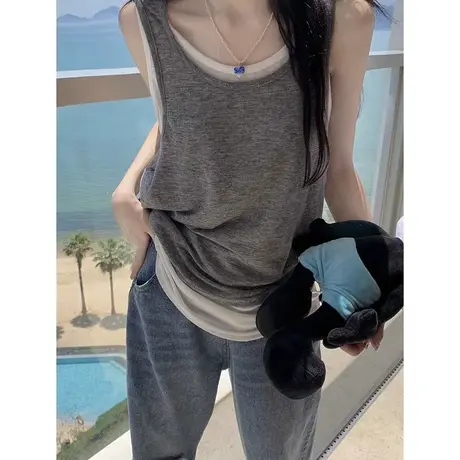 假两件外穿吊带背心女夏季辣妹美式复古港风chic无袖t恤运动上衣商品大图