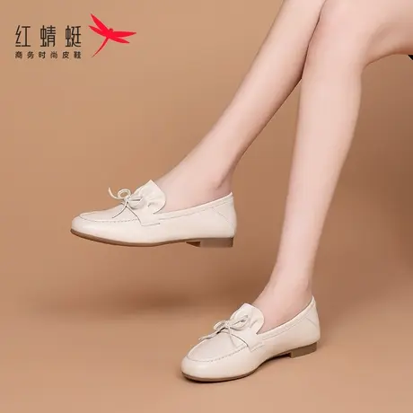 红蜻蜓女鞋春秋软底白色一脚蹬懒人鞋小皮鞋女真皮妈妈单鞋豆豆鞋商品大图