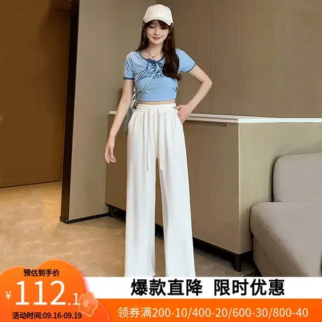 【艾格】2023新款夏初秋季时尚百搭休闲裤子女直筒裤收腰抽绳裤商品大图