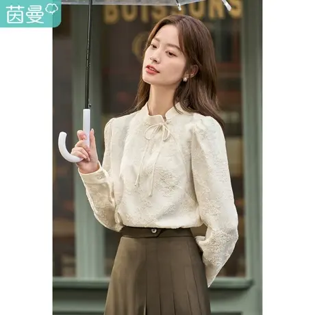 茵曼2023春女装新款复古泡泡袖小立领提花蝴蝶结套头衬衣衬衫图片