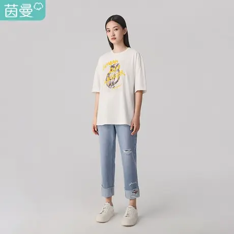 【商场同款】茵曼2023春装新款英文猫头鹰双款印花圆领型T恤休闲图片