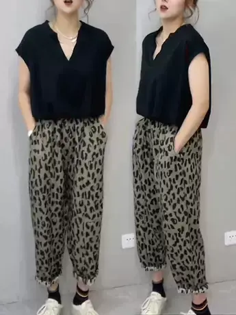 欧洲站松紧腰豹纹哈伦裤女夏薄款小个子宽松灯笼裤阔腿休闲九分裤商品大图