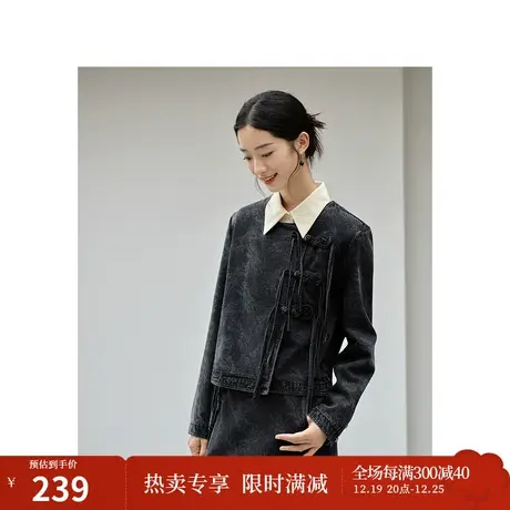 茵曼新中式国风圆领花叶印花短外套2023秋女装新款宽松显瘦上衣图片