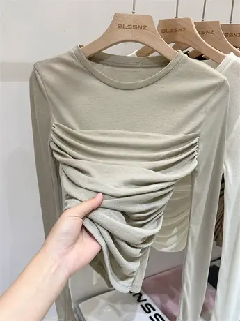 网纱长袖t恤女早秋季2023新款设计感小众褶皱修身打底衫短款上衣商品大图