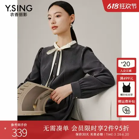 衣香丽影灰色灯芯绒蝴蝶结连衣裙女2025年春装新款韩系氛围感裙子图片