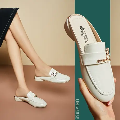 清仓粗跟拖鞋女式皮拖低跟2cm外穿半包头半拖夏季凉拖鞋女商品大图