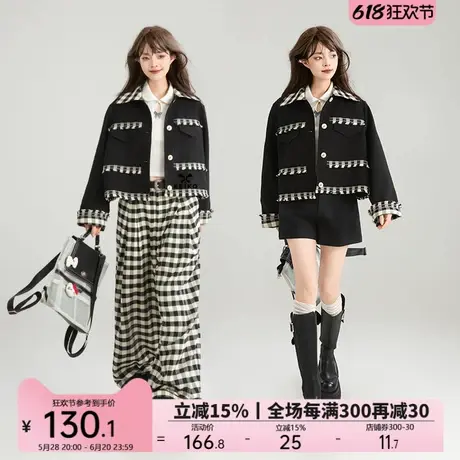 KEIKO 流苏织带饰黑色短外套女2025春季新设计感拼色休闲夹克上衣图片