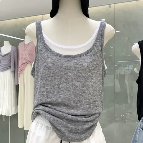 人手一件~韩系设计感假两件无袖背心春夏新款休闲慵懒显瘦上衣女图片