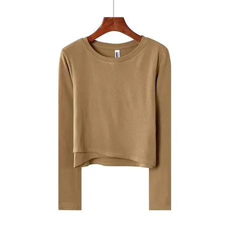 秋冬韩版圆领纯白宽松显瘦纯色纯棉短款不规则长袖体恤上衣内搭女商品大图