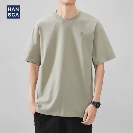 hansca 230g轻绒感双纱精梳棉短袖T恤男2025夏季新款刺绣速干上衣商品大图