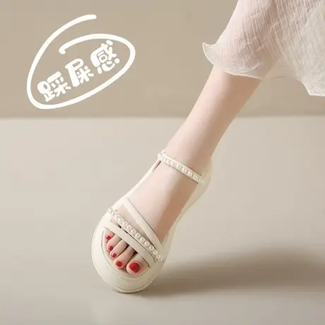踩屎感真皮精致珍珠凉鞋女2025夏季新款配裙子绝美仙女风百搭凉鞋图片