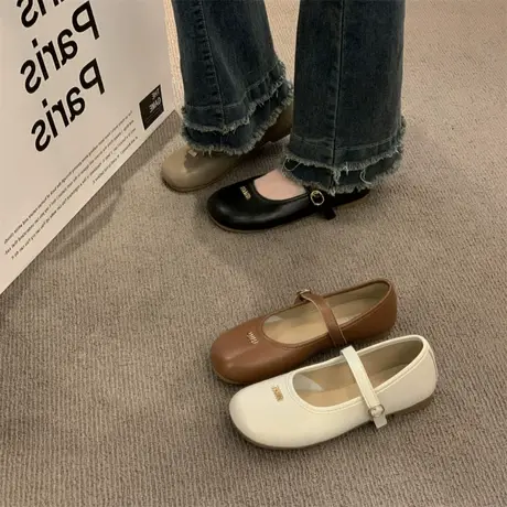 复古休闲单鞋女平底2023新款春秋豆豆鞋孕妇一字扣带浅口小众瓢鞋商品大图