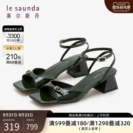 莱尔斯丹优雅时尚方头粗跟一字带凉鞋女鞋3M40608商品大图