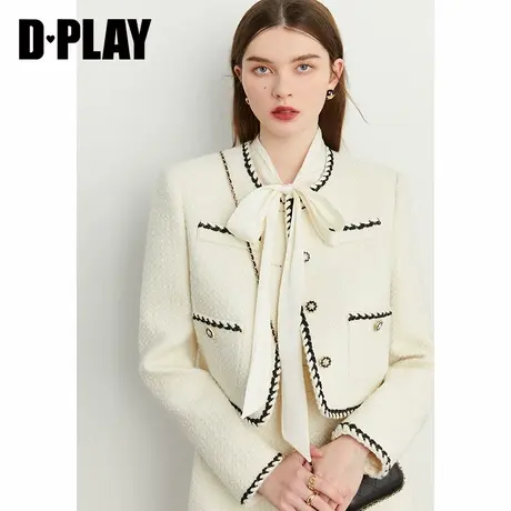 DPLAY秋装新法式轻奢奶油杏小香风套装气质编织粗花呢短外套图片