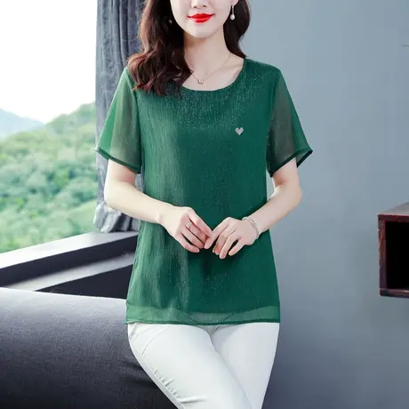 桑蚕丝短袖女夏季2023年新款大码女装妈妈时尚洋气宽松薄款上衣商品大图