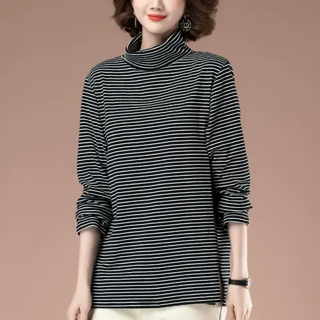 高领打底衫女秋冬新款加肥加大码女装宽松纯棉遮肚子条纹长袖t恤商品大图