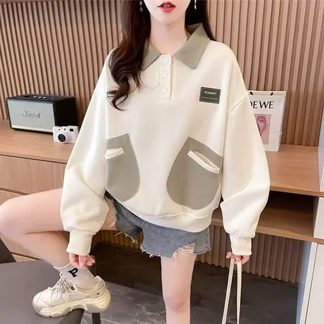 娃娃领卫衣女秋冬季韩版宽松大码加绒加厚小个子翻领撞色上衣外套图片