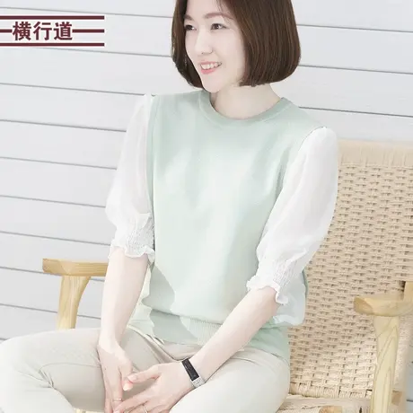 横行道大码减龄纺中袖T恤女2023新款拼接圆领拼雪针织宽松上衣夏图片