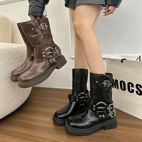 法式百搭短筒靴女2025年新款夏季配裙子粗跟靴子高级感气质骑士靴商品大图