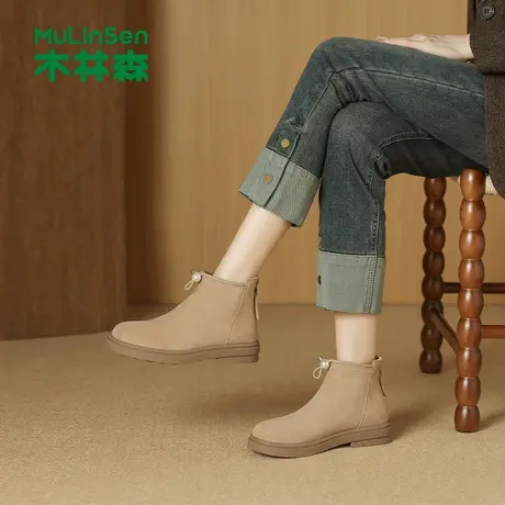 木林森短筒靴女款2025秋冬季厚底舒适妈妈短靴百搭粗跟女士马丁靴商品大图