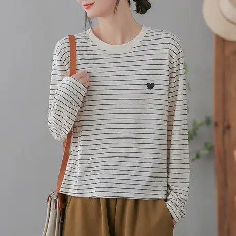 dza复古宽松圆领条纹上衣女士春秋长袖T恤休闲百搭内搭打底衫体恤商品大图