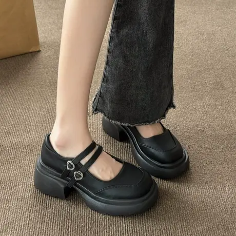 2023夏新款粗跟厚底复古学院风jk鞋玛丽珍鞋双搭扣小皮鞋女ins潮商品大图