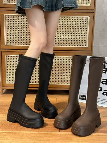 骑士靴女2023秋季新款复古英伦风粗跟瘦瘦靴显腿长圆头后拉链长靴商品大图