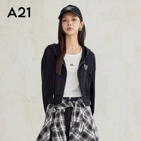 A21女装针织连帽落肩开襟卫衣外套短款拉链上衣2025秋季新款简约商品大图