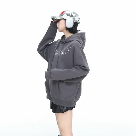 美式复古星星印花连帽卫衣女春秋新款宽松休闲高街情侣款套头上衣图片