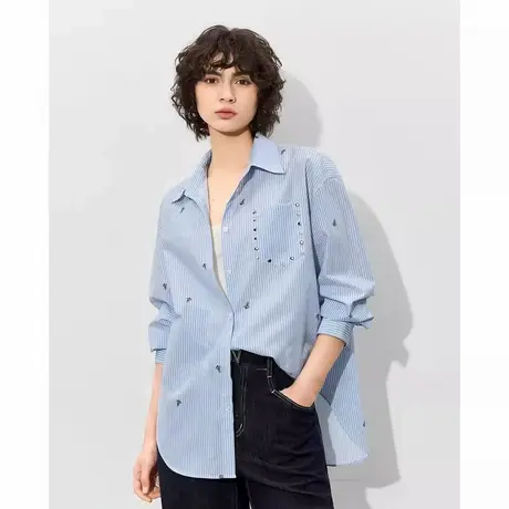 爵莱菲大码法式气质印花长袖衬衫女2025秋季新款休闲小衫条纹衬衣商品大图