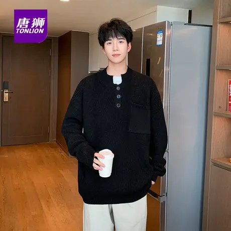 唐狮秋季薄款男士小立领胸口插袋设计针织衫学生日系宽松毛线衣AP商品大图