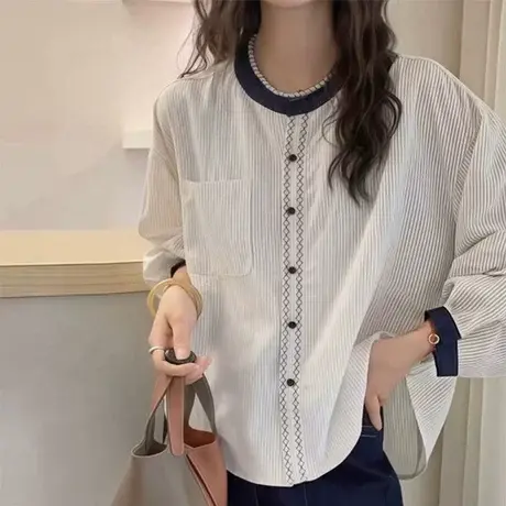 2025秋季新款韩版时尚百搭宽松显瘦圆领条纹衬衫女设计感小众上衣商品大图