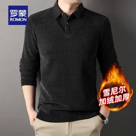 【雪尼尔+加绒加厚】罗蒙男士针织假两件2025冬季保暖打底毛线衣图片
