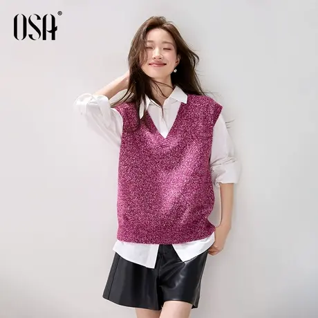 [新品]OSA欧莎简约V领叠穿针织马甲女秋新款复古宽松背心毛衣上衣商品大图
