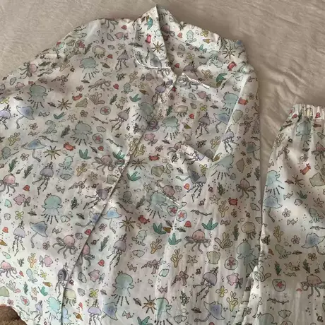 A类纯棉双层纱布水母长袖长裤翻领家居服套装可爱卡通可外穿商品大图