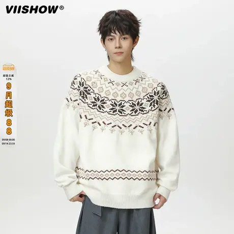 VIISHOW圆领毛衣男秋2025新款美式复古百搭男套头针织衫长袖外套商品大图