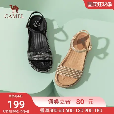骆驼女鞋2023夏季新款一字带水钻平底休闲露趾时装厚底罗马凉鞋女图片